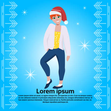 woman wearing red hat happy new year merry christmas concept flat female cartoon character blue background full length copy space vector illustrationのイラスト素材