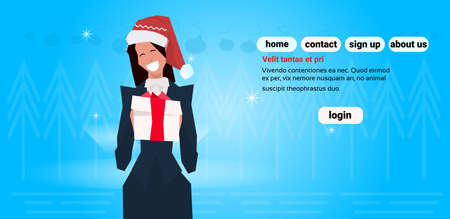 brunette businesswoman wearing red hat hold gift box happy new year merry christmas concept flat blue background portrait copy space horizontal vector illustrationのイラスト素材