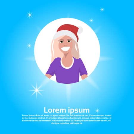 blonde woman face avatar red hat happy new year merry christmas concept flat female cartoon character portrait blue background copy space vector illustrationのイラスト素材