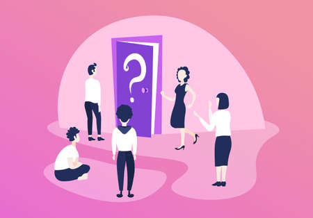 confused business people team thinking door question mark what's next direction concept teamwork...