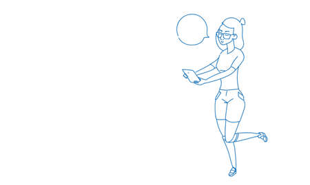 businesswoman using device online chat bubble communication concept woman smartphone speech conversation female character sketch doodle horizontal full length vector illustrationのイラスト素材