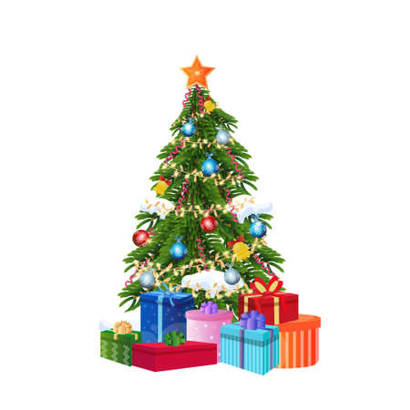 decorated gift box new year christmas tree concept isolated flat vector illustrationのイラスト素材