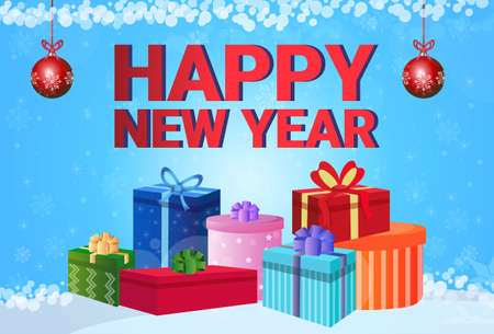 happy new year merry christmas concept winter holiday balls gift box decoration inscription flat vector illustrationのイラスト素材