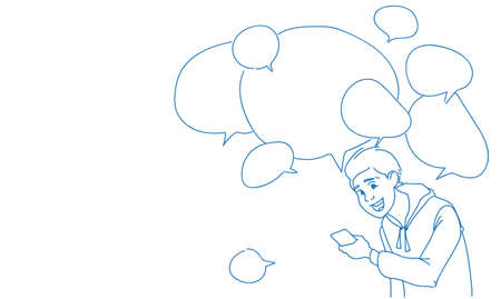 man using smartphone messaging chat bubbles online speech concept social media communication lifestyle male character portrait sketch doodle vector illustrationのイラスト素材