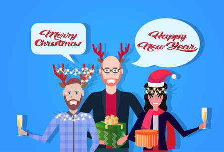 men wearing deer horns woman hat holding champagne chat bubble communication happy new year merry christmas concept flat horizontal portrait vector illustrationのイラスト素材