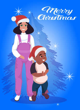 african american mother son red hat happy new year merry christmas concept flat fir tree background full length vertical vector illustrationのイラスト素材