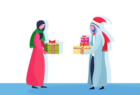 arabic couple giving present each other happy new year merry christmas concept flat male female cartoon character isolated full length horizontal vector illustrationのイラスト素材