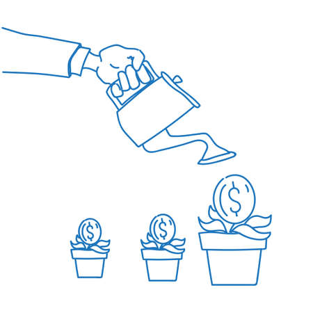 human hand watering money flower growth wealth future business startup concept sketch doodle vector illustrationのイラスト素材