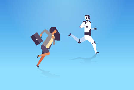 business woman and robot running artificial intelligence technology competition concept flat horizontal vector illustrationのイラスト素材