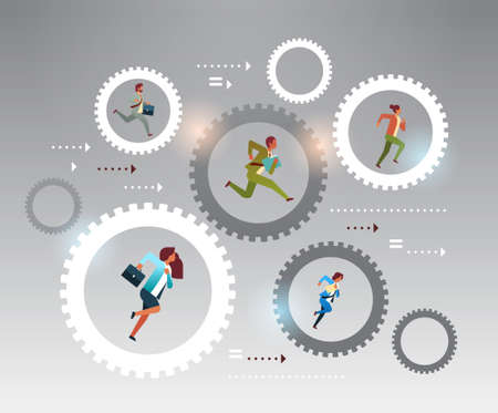businesspeople running in cog wheel hardworking process concept successful teamwork business strategy mechanism flat horizontal vector illustrationのイラスト素材