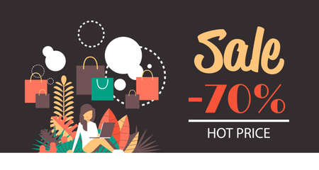 woman with laptop buying online e-shopping black friday concept special holiday offer discount hot price flat horizontal vector illustrationのイラスト素材