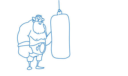 Senior man near punching bag boxer sport box gym exercise workout sketch doodle horizontal vector illustrationのイラスト素材