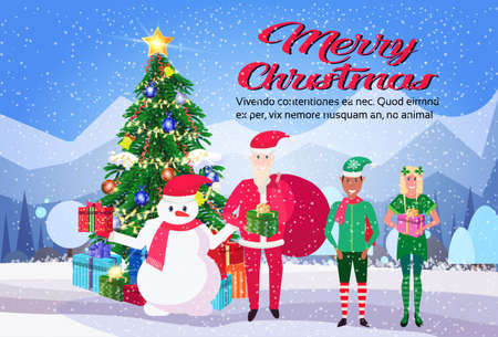 snowman santa claus elves holding wrapped gift box present decorated fir tree merry christmas new year holiday concept winter mountain forest landscape flat copy space vector illustrationのイラスト素材