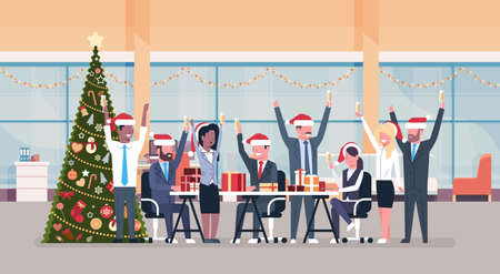 business team raised hands in modern office decorated fir tree happy new year merry christmas celebration concept flat horizontal vector illustrationのイラスト素材