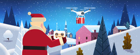santa hold controller drone delivery service over night winter village houses mountains hills landscape snowfall background horizontal flat vector illustrationのイラスト素材