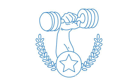 Bodybuilder hand holding barbell fitness gym logo modern sport center emblem template sketch doodle horizontal vector illustrationのイラスト素材