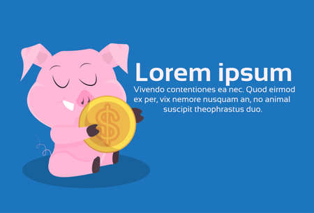 cute pig symbol of 2019 chinese new year hold money dollar coin merry christmas holiday concept flat horizontal copy space vector illustrationのイラスト素材