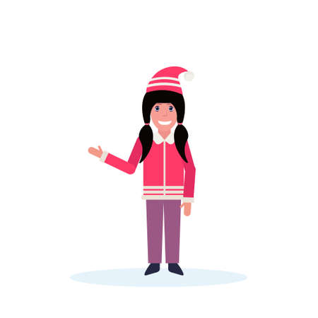woman pointing something happy new year merry christmas concept female cartoon character full length...