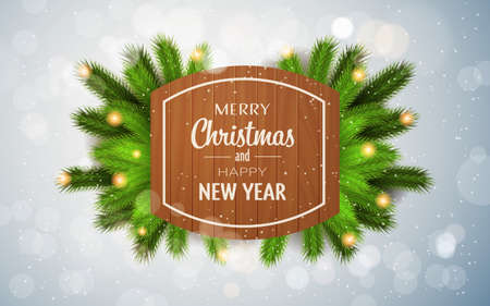 merry christmas happy new year realistic fir branches decorated glittering lights horizontal flat vector illustrationのイラスト素材