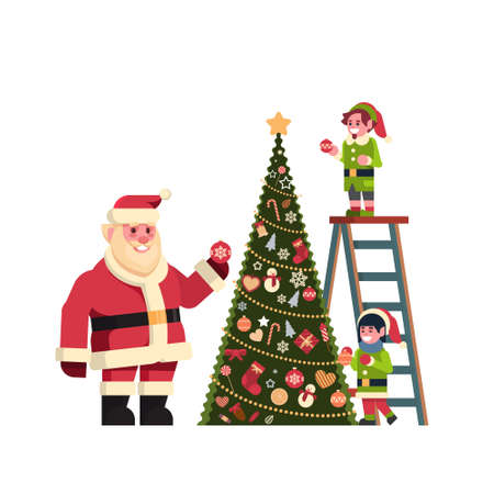 santa claus with elves on staircase decorate fir tree merry christmas happy new year concept flat isolated vector illustrationのイラスト素材