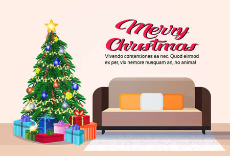 Modern living room merry christmas happy new year decorated gift boxes pine tree sofa flat horizontal copy space vector illustrationのイラスト素材