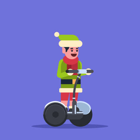 elf boy santa claus helper ride electric scooter merry christmas holiday new year concept flat vector illustrationのイラスト素材