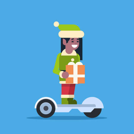 elf girl santa claus helper ride electric scooter merry christmas holiday new year concept flat vector illustrationのイラスト素材