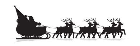 Santa in sleigh with reindeers silhouette merry christmas happy new year greeting card winter holidays concept isolated horizontal vector illustrationのイラスト素材
