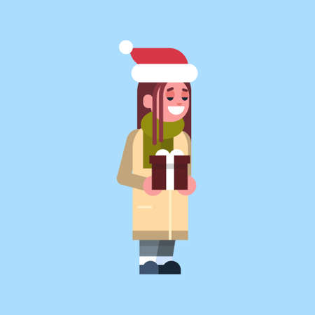 girl santa red hat hold gift box present merry christmas holiday happy new year concept female cartoon character full length flat vector illustrationのイラスト素材