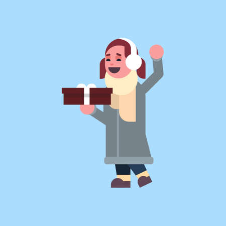 girl wearing winter clothes hold gift box present merry christmas holiday happy new year concept female cartoon character full length flat vector illustrationのイラスト素材