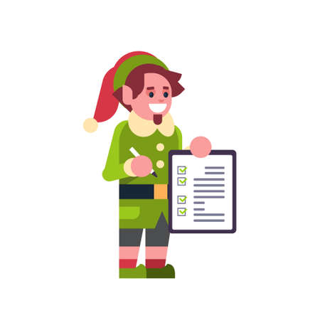man elf santa claus helper hold checklist survey form merry christmas holiday happy new year concept male cartoon character full length flat vector illustrationのイラスト素材