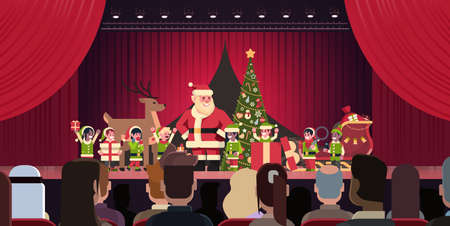 Open red curtain Santa Claus and elves theater show merry christmas happy new year holiday concept horizontal flat vector illustrationのイラスト素材