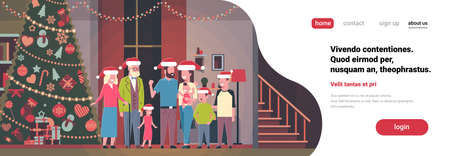 multi generation family standing together in house near decorated fir tree happy new year merry christmas concept flat horizontal copy space vector illustrationのイラスト素材