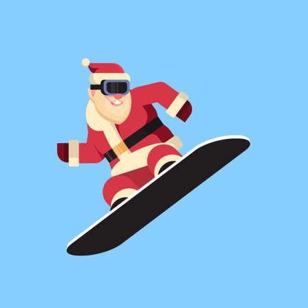 santa claus doing jump on snowboard happy new year merry christmas celebration concept flat blue background vector illustrationのイラスト素材