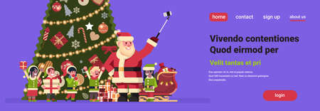 Santa claus with mix race elves taking selfie near decorated fir tree merry christmas happy new year celebration concept flat horizontal copy space vector illustrationのイラスト素材