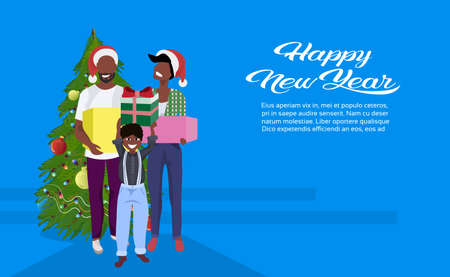 african american family hold gift box present near fir tree merry christmas happy new year holiday decoration concept flat horizontal copy space vector illustrationのイラスト素材