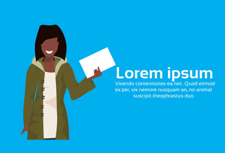 african american woman winter clothes hold envelope female cartoon character portrait blue background flat horizontal copy space vector illustrationのイラスト素材