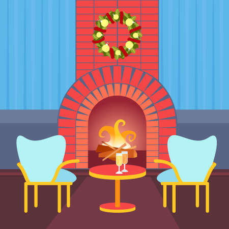 living room decorated merry christmas happy new year fireplace home interior decoration winter holiday concept flat vector illustrationのイラスト素材