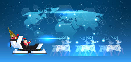 Santa wear digital glasses in robotic modern sleigh virtual reality reindeer world map background merry christmas happy new year greeting card winter holidays concept horizontal flat vector illustrationのイラスト素材