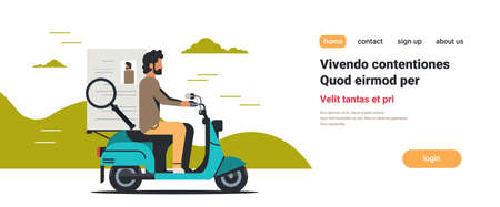 man courier riding scooter with cv resume choosing job candidate for vacancy position recruitment concept isolated flat horizontal copy space vector illustrationのイラスト素材