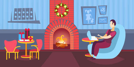 man using laptop in living room decorated fireplace merry christmas happy new year winter holiday concept home interior flat horizontal vector illustrationのイラスト素材