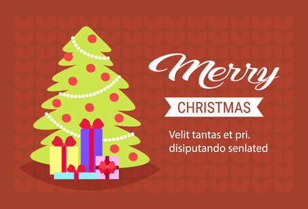 decorated fir tree gift boxes present merry christmas happy new year holiday concept greeting card flat horizontal copy space vector illustrationのイラスト素材