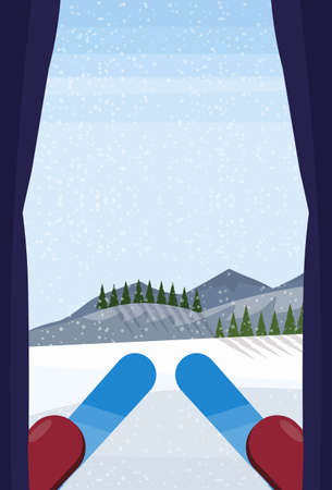 profesional skier at top of slope winter snowy mountain hill fir tree forest landscape background sport vacation concept vertical flat vector illustrationのイラスト素材