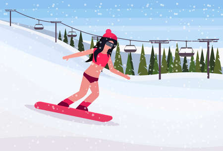 sexy snowboarder woman in swimsuit sliding down winter snowy mountain fir tree forest landscape cable car background ski resort horizontal flat vector illustrationのイラスト素材