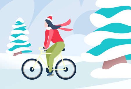 merry christmas happy new year holiday celebration concept woman cycling winter snowy fir tree background full length flat horizontal vector illustrationのイラスト素材