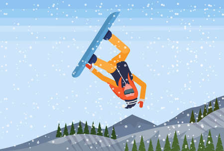 Snowboarder girl jumping snowy mountain fir tree forest landscape background sportswoman snowboarding winter vacation flat horizontal vector illustrationのイラスト素材