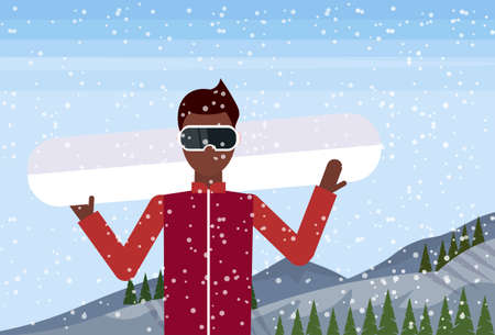 Snowboarder man hold snowboard mountain fir tree forest landscape background male cartoon character portrait flat horizontal vector illustrationのイラスト素材