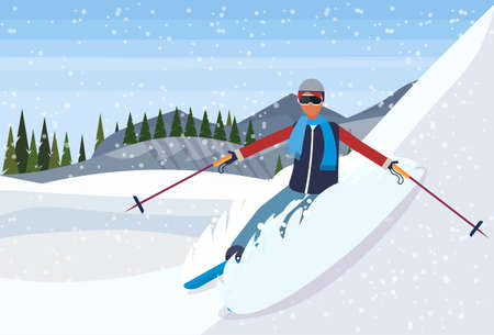 skier man sliding down fresh powder snowy mountain fir tree forest landscape background guy skiing winter vacation flat horizontal vector illustrationのイラスト素材