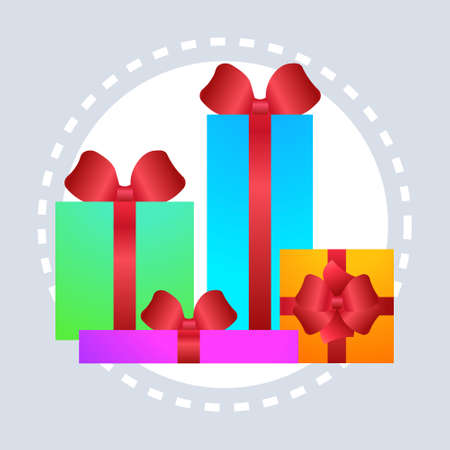 decorative gift box present red bow happy new year merry christmas decoration concept flat vector illustrationのイラスト素材