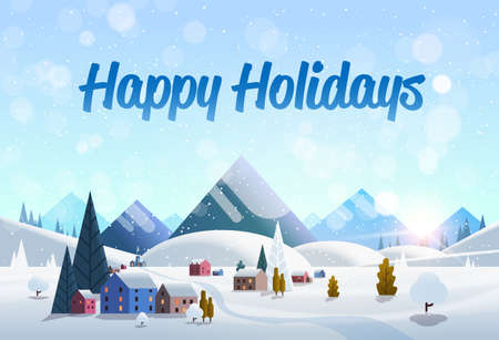 winter village houses mountains hills landscape snowfall background horizontal flat vector illustrationのイラスト素材
